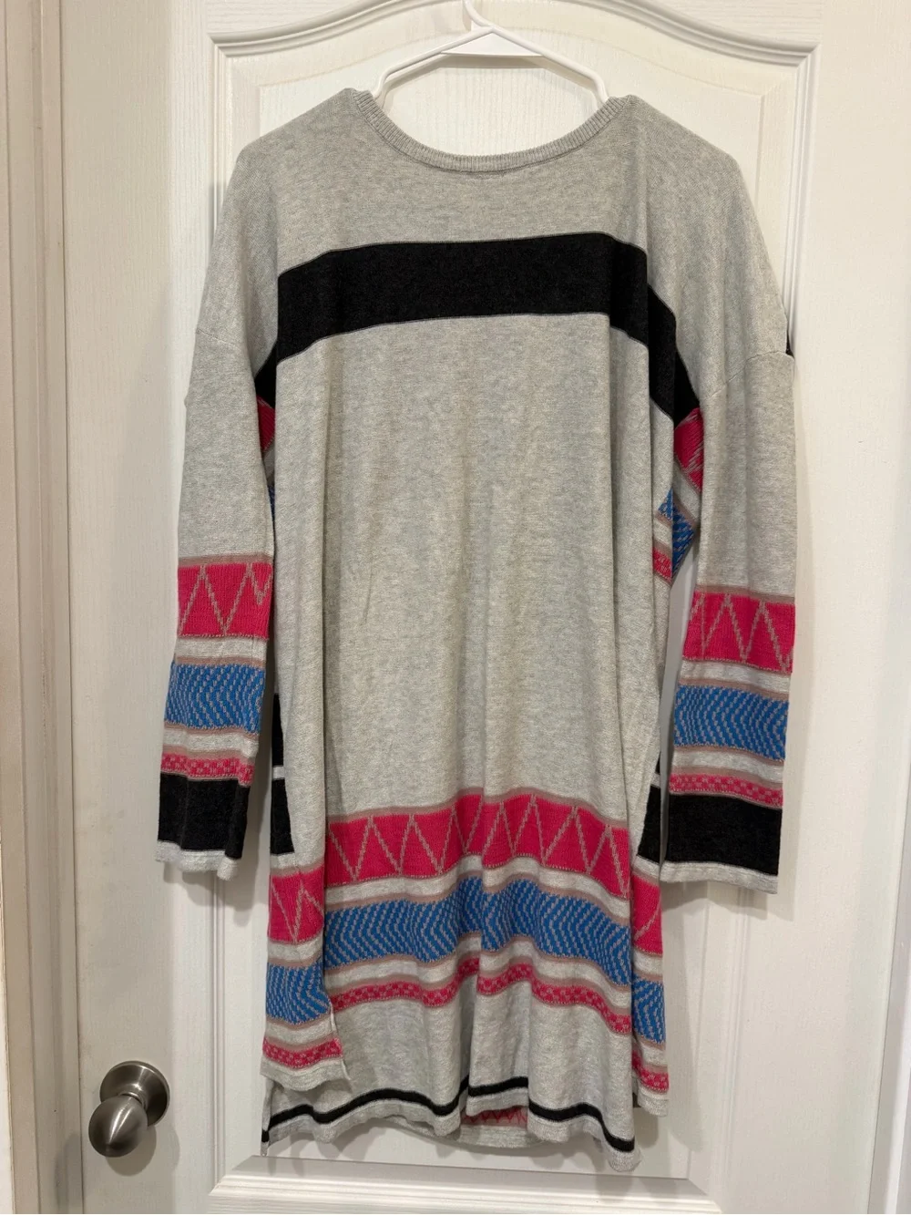 Free People Gray Scoop Neck Sweater with Pink & Blue Stripes